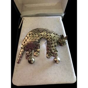 925 Sterling Silver Spotted Speckled Cat Brooch Stud Earrings Set New Old Stock